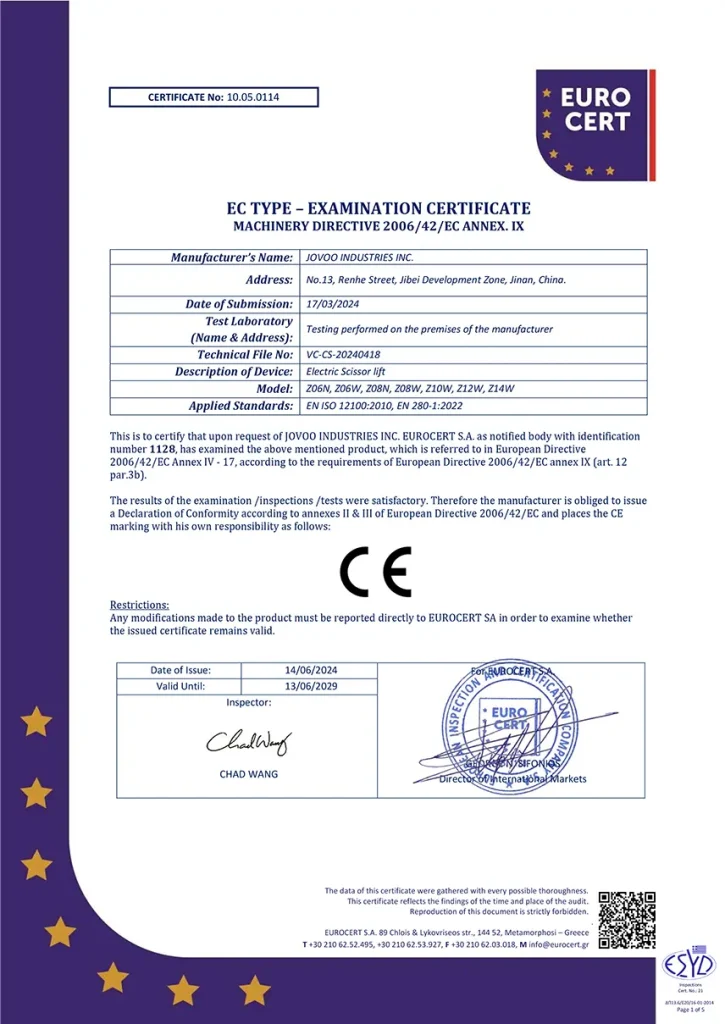 Scissor Lift CE Certificate